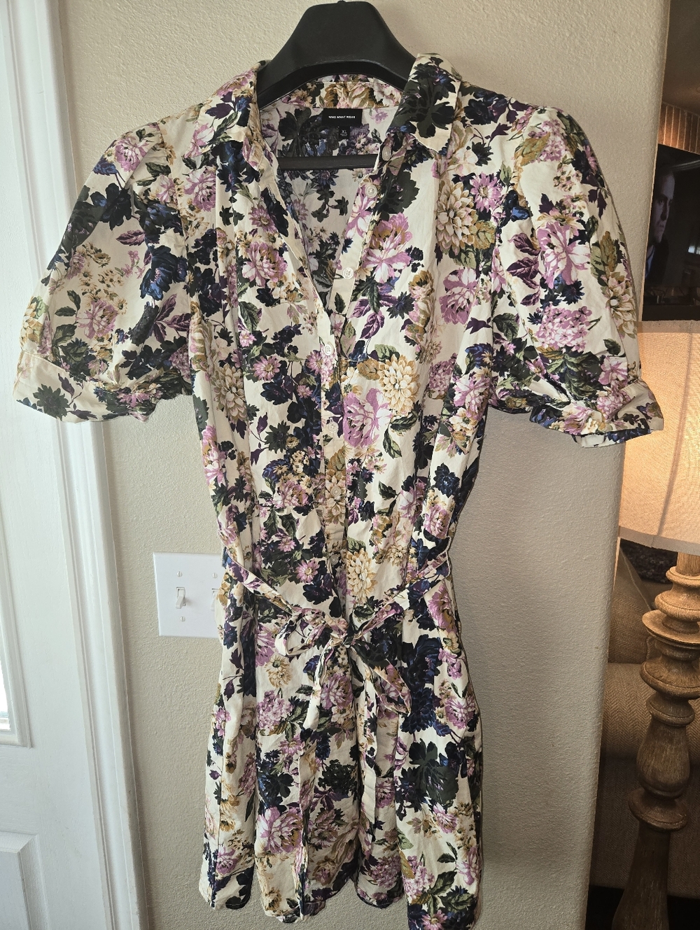 Who What Wear Cream with floral print Button-Front Mini Dress with Tie Waist